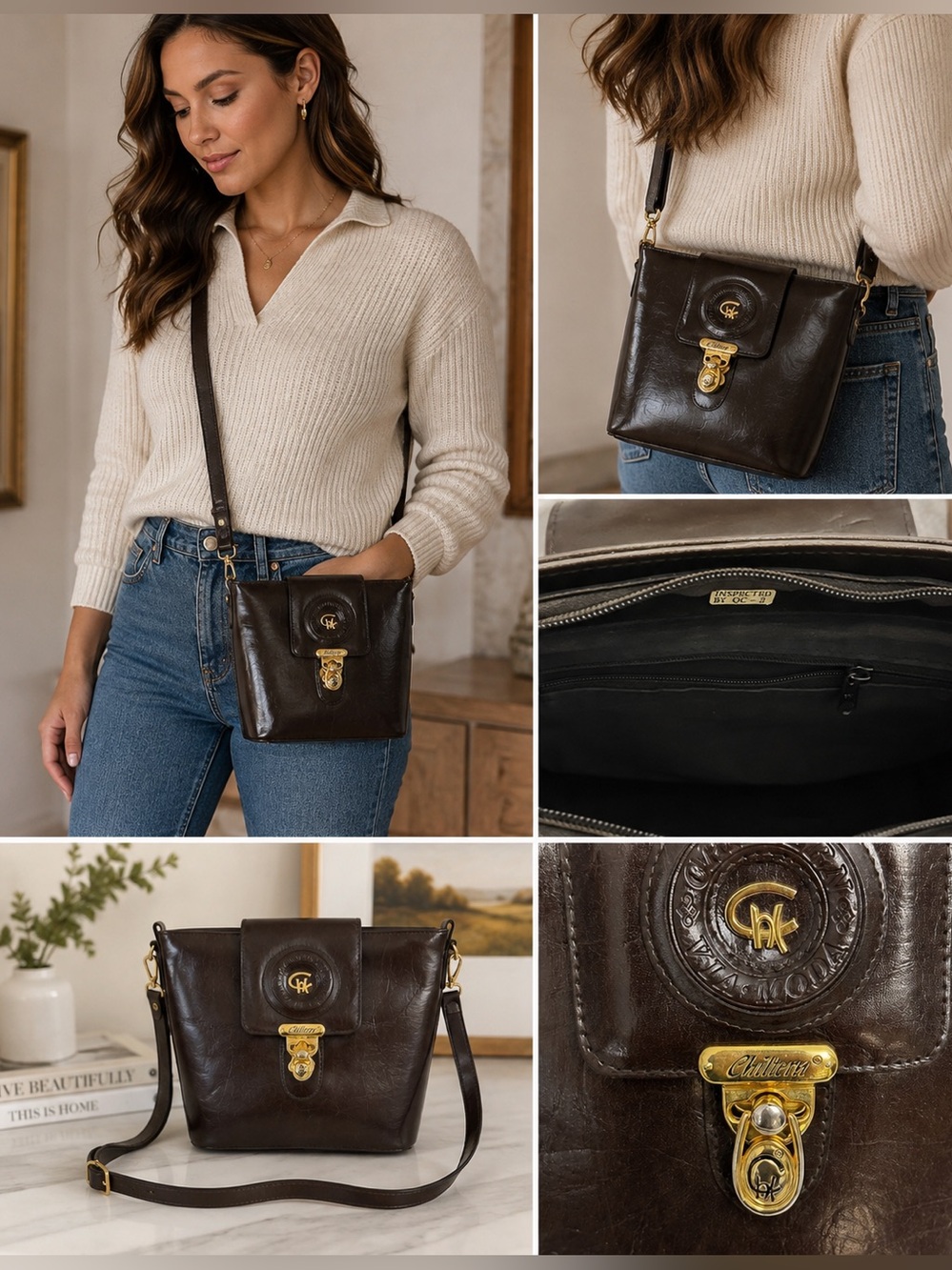 Vintage Chiltern Brown Leather-Look Crossbody Shoulder Bag Gold Hardware